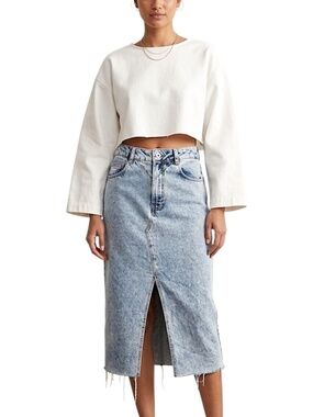 Lefties Spain retro style front yoke acid wash cotton denim jean midi skirt S